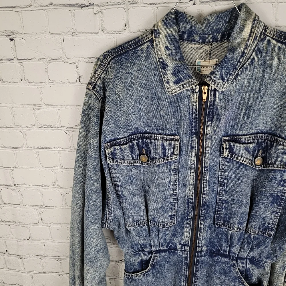 ZIGGY | vintage acid wash dolman long sleeve full zip denim jean dress - Picture 2 of 5